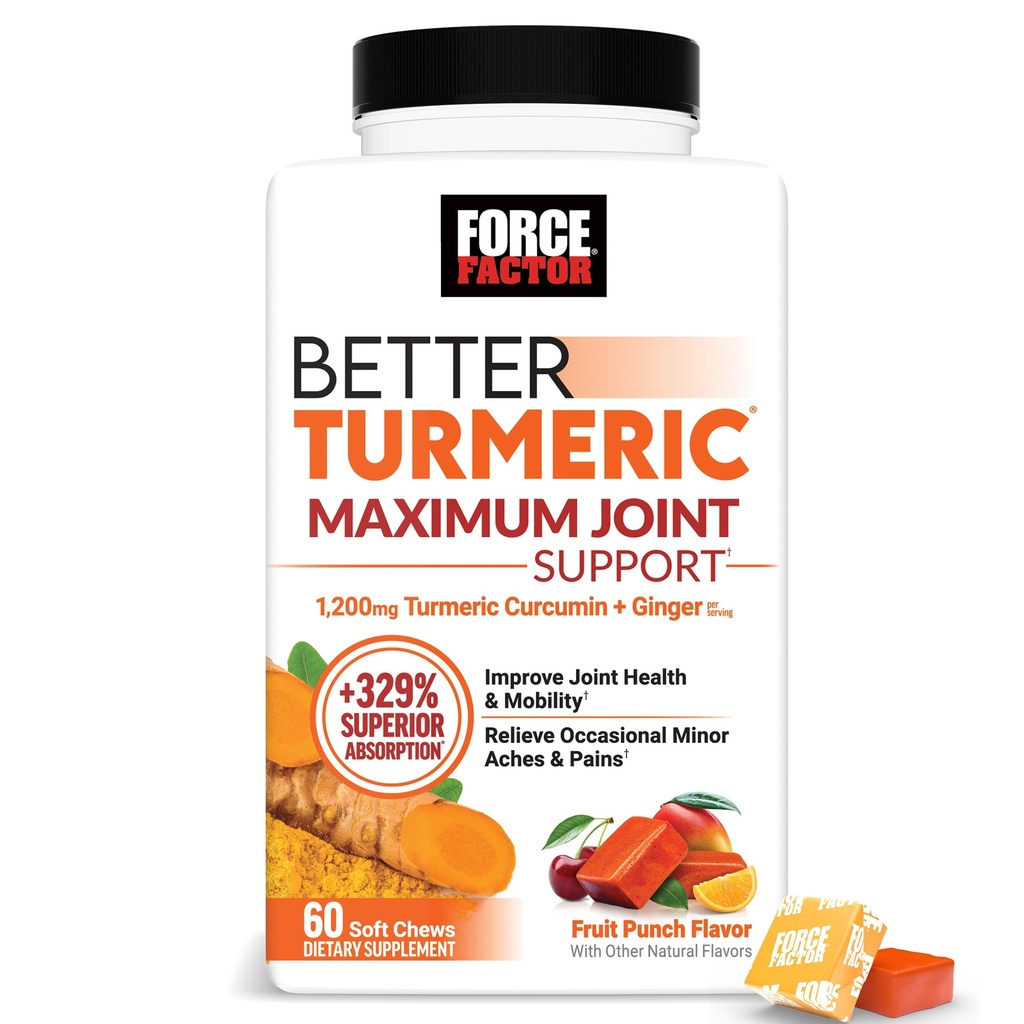Force Factor Better Turmeric Maximum Joint Support, 1075mg Curcumin with Ginger to Support Mobility, Flexibility & Comfort, Chews More Convenient Than Turmeric Gummies, Fruit Punch, 60 Soft Chews