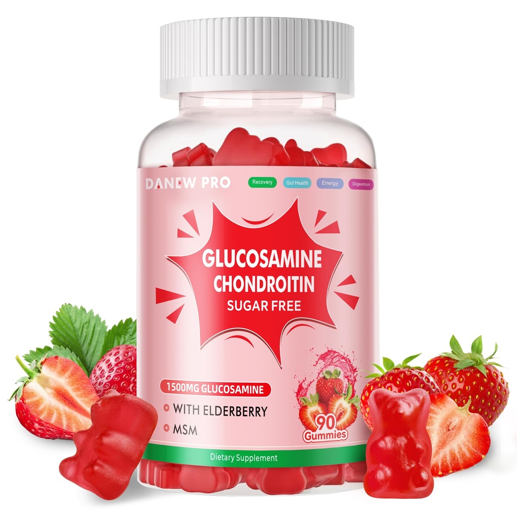 DANEW Pro Glucosamine Chondroitin Gummies with MSM & Elderberry Extra Strength - Joint Support, Antioxidant Immune Support Supplement for Adults, Men & Women.90 Strawberry Gummies