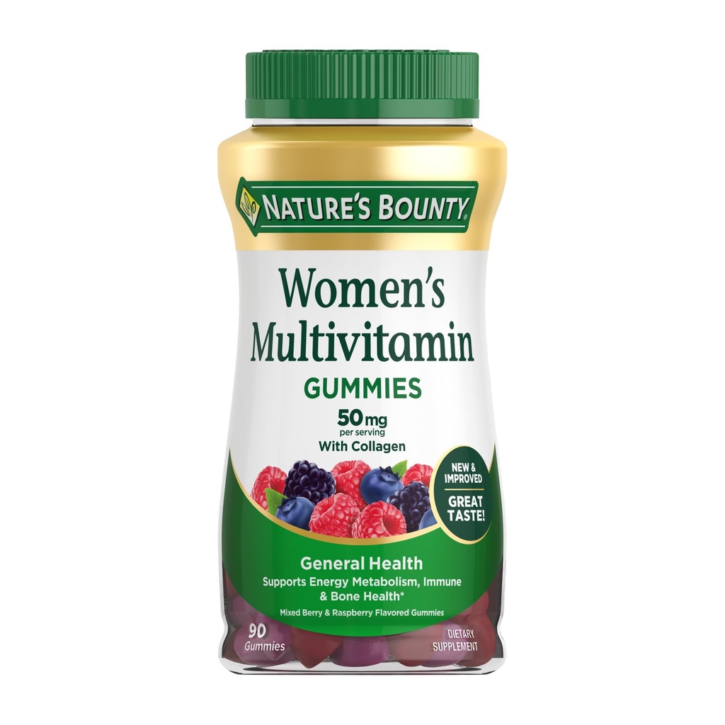 Mujeres recompensadas de la naturaleza Gummies multivitamínicas, Suplementos de vitaminas para adultos, salud general, ayuda a la salud inmune y bonificación, baya mixta y sabor a frambuesa, 90 Gummies