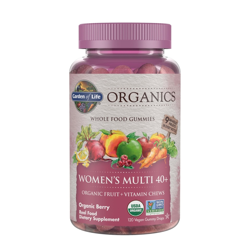 Garden of Life Organics Women 40+ Gummy Vitamins - Berry - Certified Organic, Non-GMO, Vegan, Kosher Complete Multi - Methyl B12, C & D3 - Gluten, Soy &amp; Dairy Free, 120 Real Fruit Gummies