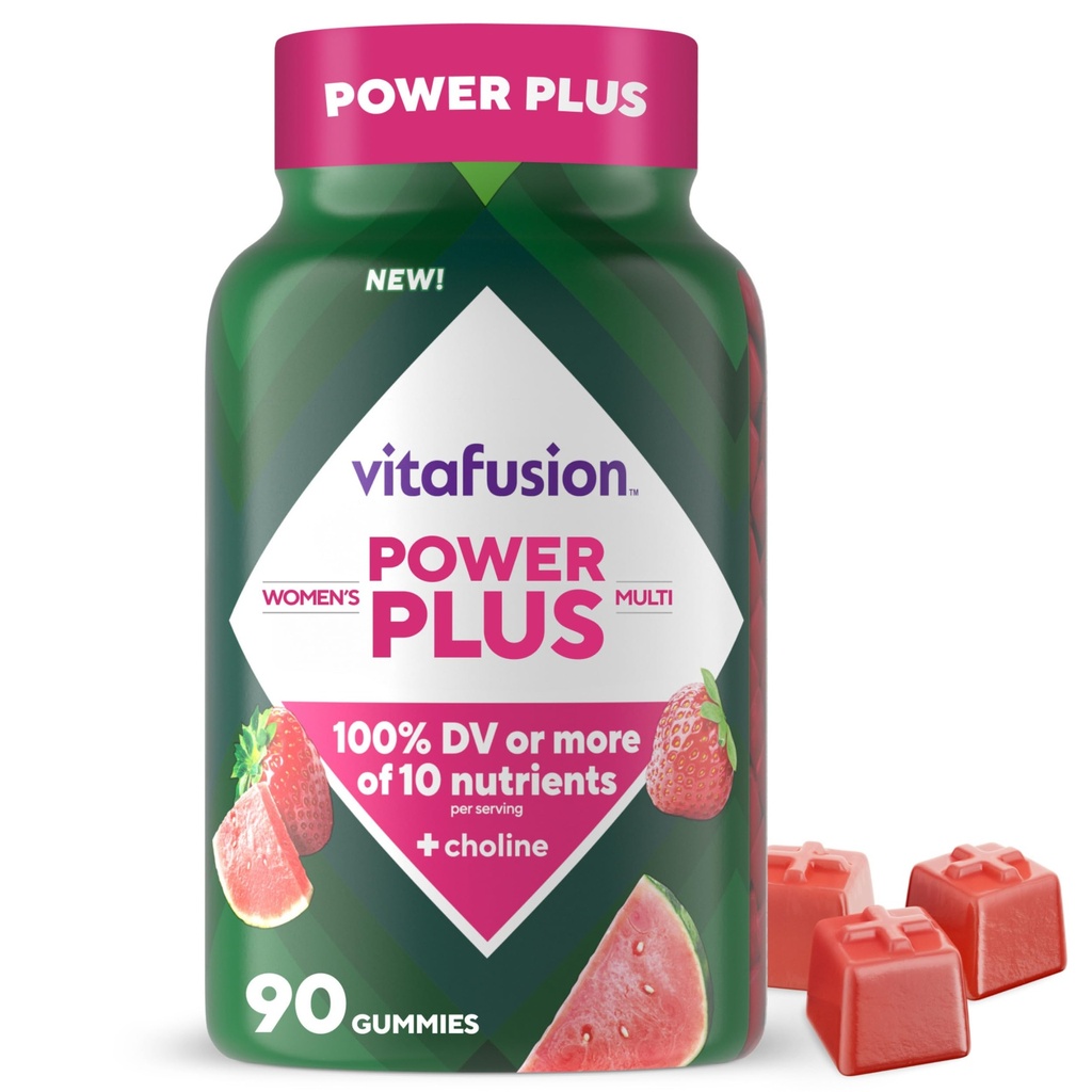 vitafusion Power Plus Mujeres Gummies Multivitamínicas, 100% Valor Diario o Más de 10 Nutrientes, Ayuda a apoyar Nerve, Metabolismo Energético, Bone &amp; Immune Health, Strawberry & Watermelon Flavor, 90 Cuenta