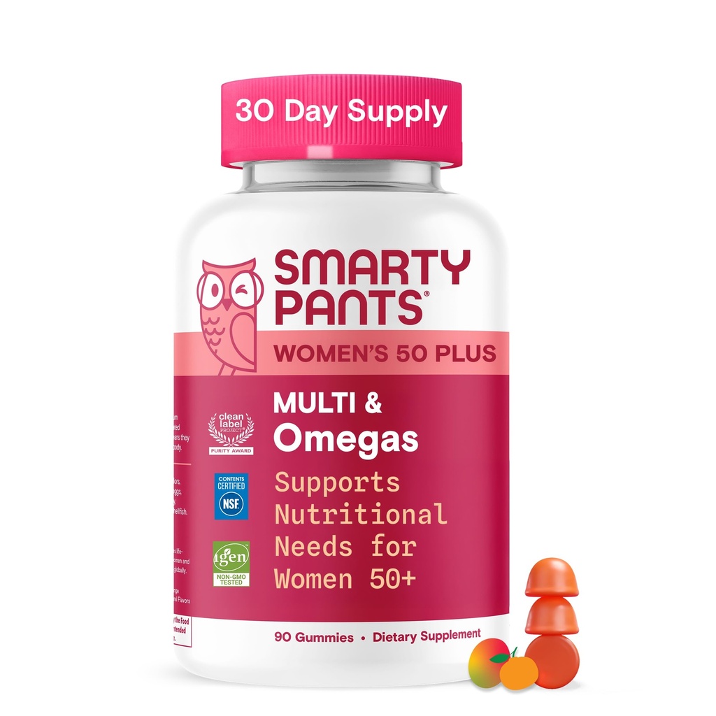 SmartyPants Multivitamin Gummy for Women 50 and Over, Omega 3 (DHA/EPA), Methylfolate, CoQ10, Vitamina D3, C, Vitamina B12, B6, A, K, Biotin, Gluten Free, 90 Conde (30 Day Supply)