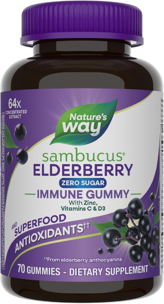 Camino de la Naturaleza Sambucus Zero Sugar Immune Gummies, Daily Immune Support*, Black Elderberry Extract, Vitamina C, Vitamina D3, Zinc, Sugar Free, Sugar Alcohol Free, Plant-Based Sweeteners, 70 Gummies