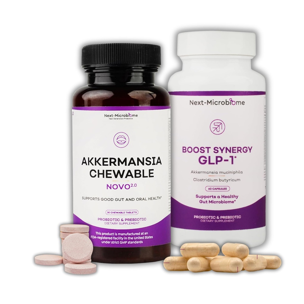 NEXT-MICROBIOME Akkermansia Muciniphila Probiotic Supplement 2 Set – Chewable " Capsule Duo for Gut and Oral Support, Digestive and Metabolic Wellness for Women " Men