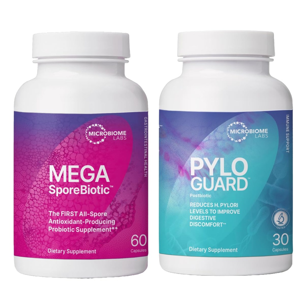 Microbiome Labs MegaSporeBiotic Spore-Based Probiotics (60 Capsules) + PyloGuard Postbiotic L. reuteri DSM 17648 Supplement to Promote The Body’s Process of Elimination (30 Capsules) - 2 Products