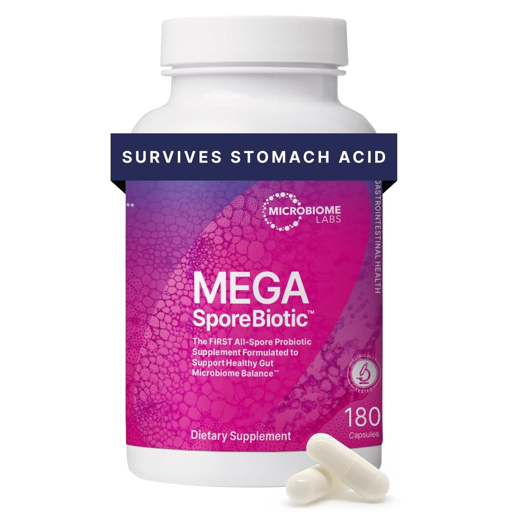 Microbioma Laboratorios MegaSporeProbióticos Bioticos para Hombres Mujer - Probiótico de base esporádica para Gut Health &amp; Digestive Support - Establo-Stable, Travel-Friendly, Probióticos para Mujeres (180 cápsulas)