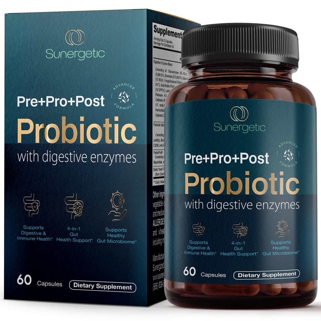 Prebiótico Probiótico Premium 4-en-1, Enzimas postbióticas para Hombres – Apoya Gut, Digestión & Inmunidad – Salud de Gut Completo con Pre, Post, Probióticos & Enzimas Digestivas–60 cápsulas