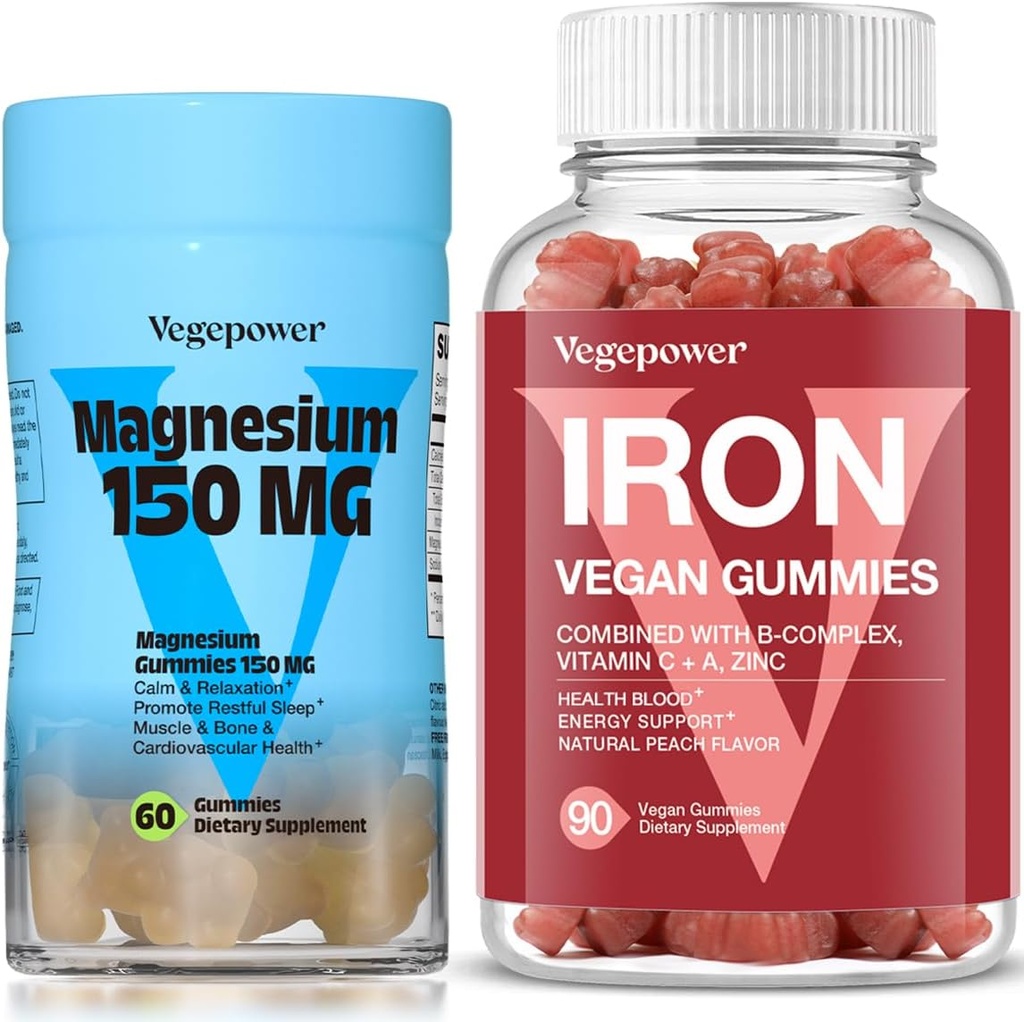 Gummies de Hierro Vegano + Gummies de Magnesio ← Complemento de Hierro Apoyo Sangre Saludable &amp; Energía diaria para adultos &amp; niños