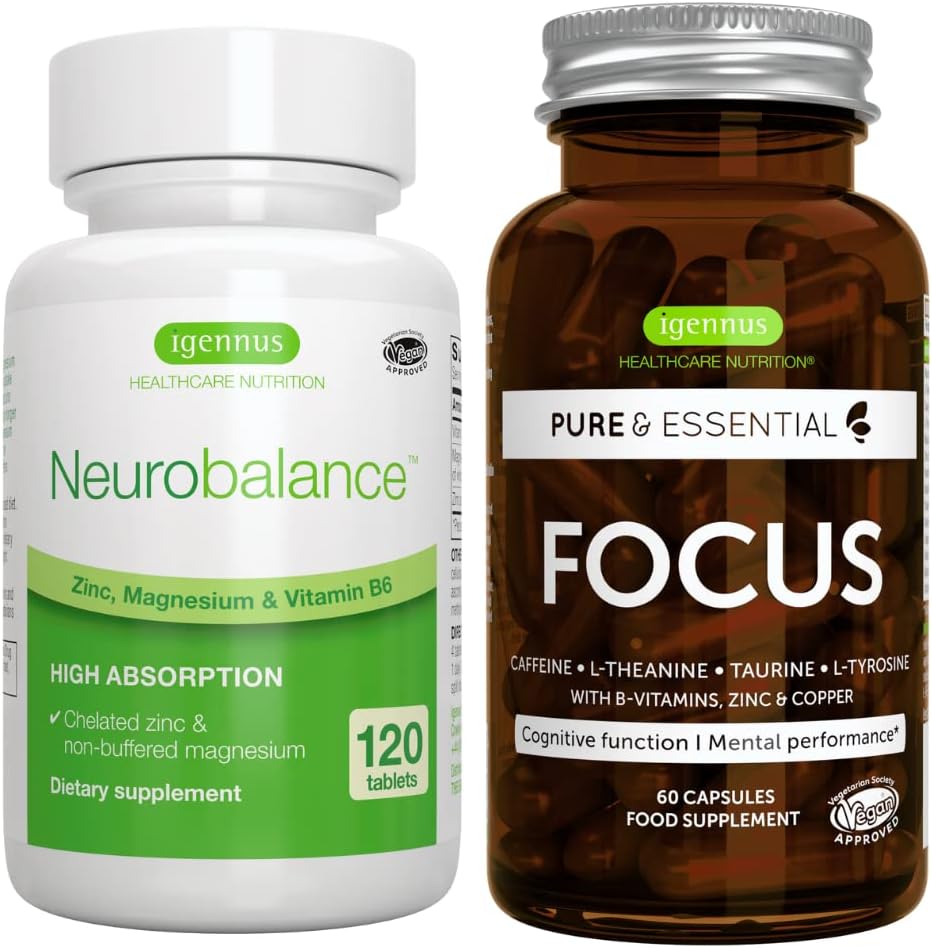 Neurobalance + Focus Brain Booster Vegan Bundle, High Absorption Zinc Magnesium & B6 + Caffeine, Amino Acids & Methylated B-Vitamins, por Igennus