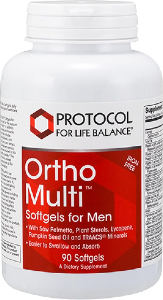 PROTOCOL FOR LIFE BALANCE Ortho Multi Softgels for Men - Multivitamin for Prostate Health - with Saw Palmetto, Zinc & CoQ10 - Men Daily Multivitamin - Iron Free - 90 Softgels