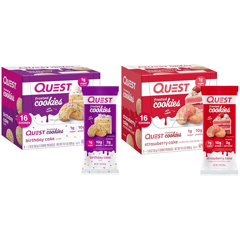 Quest Frosted Cookies Twin Pack with Birthday Cake 1g Sugar 10g Protein 2g Net Carbs Gluten Free 8 Count and Strawberry Cake 1g Sugar 10g Protein 2g Net Carbs Gluten Free 16 Cookies