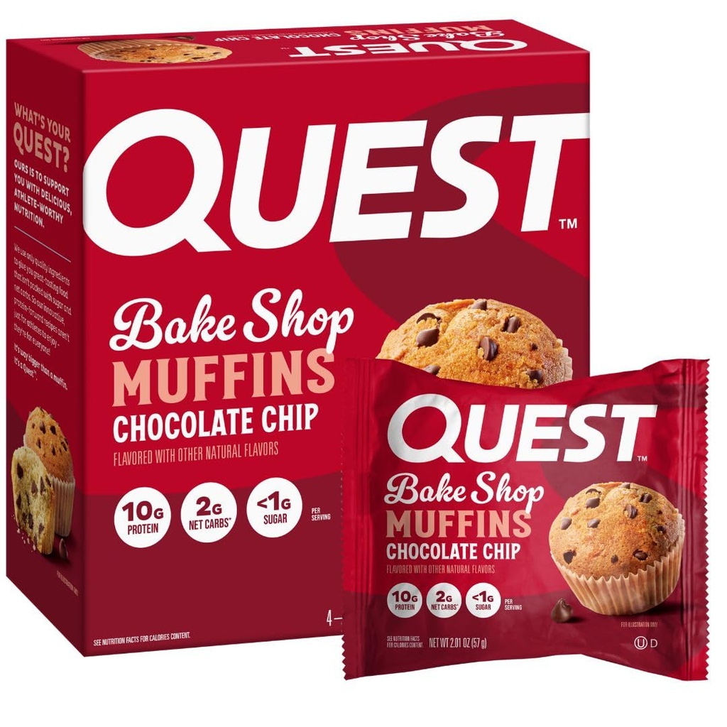 Quest Nutrition Chocolate Chip Muffin, 10g Protein, 2g Net Carb, Less than 1g Sugar, Protein Snack, 4 Count