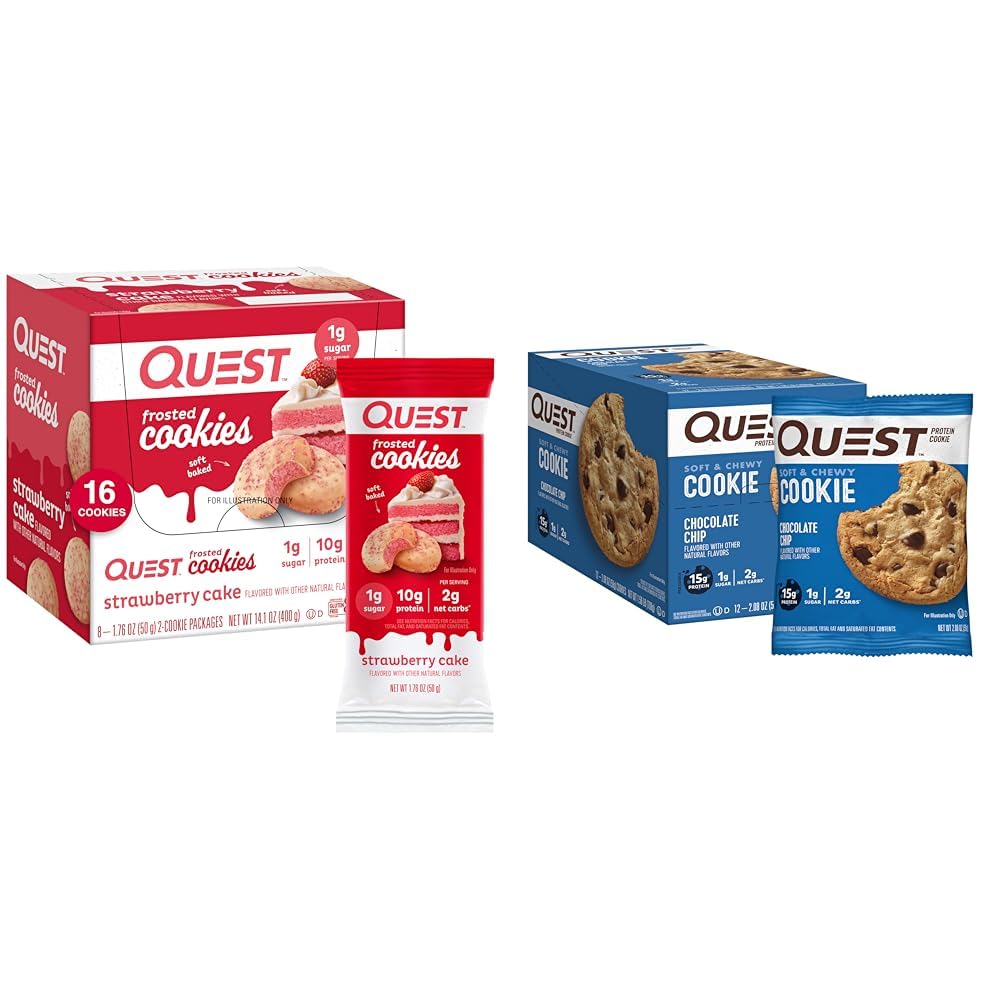 Quest Nutrition Pastel de fresa rota &amp; Chocolate Chip Protein Cookie Bundle, 1g Azúcar, 10g Protein, 2g Carbs netos, Gluten Free, 16 &amp; 12 Con
