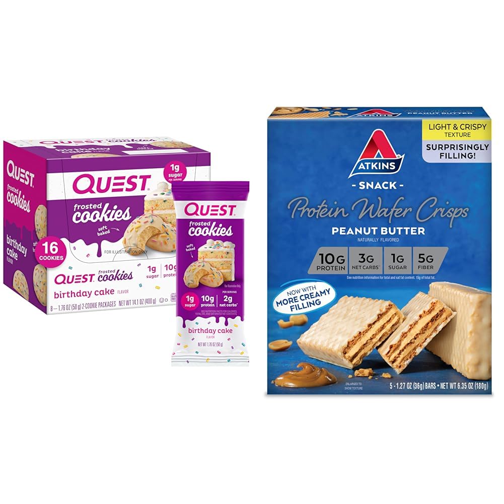 Quest Cumpleaños Pastel Frosted Cookies Twin Pack con 16 Cookies y Atkins Peanut Butter Protein Wafer Crisps con 5 Condes