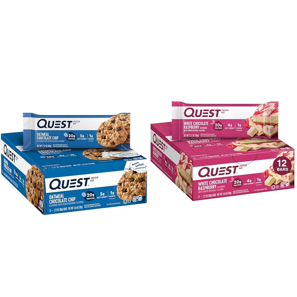 Quest Nutrition Oatmeal Chocolate Chip Protein Bar, High Protein, Low Carb, Gluten Free & White Chocolate Raspberry Protein Bars, High Protein, Low Carb, Gluten Free