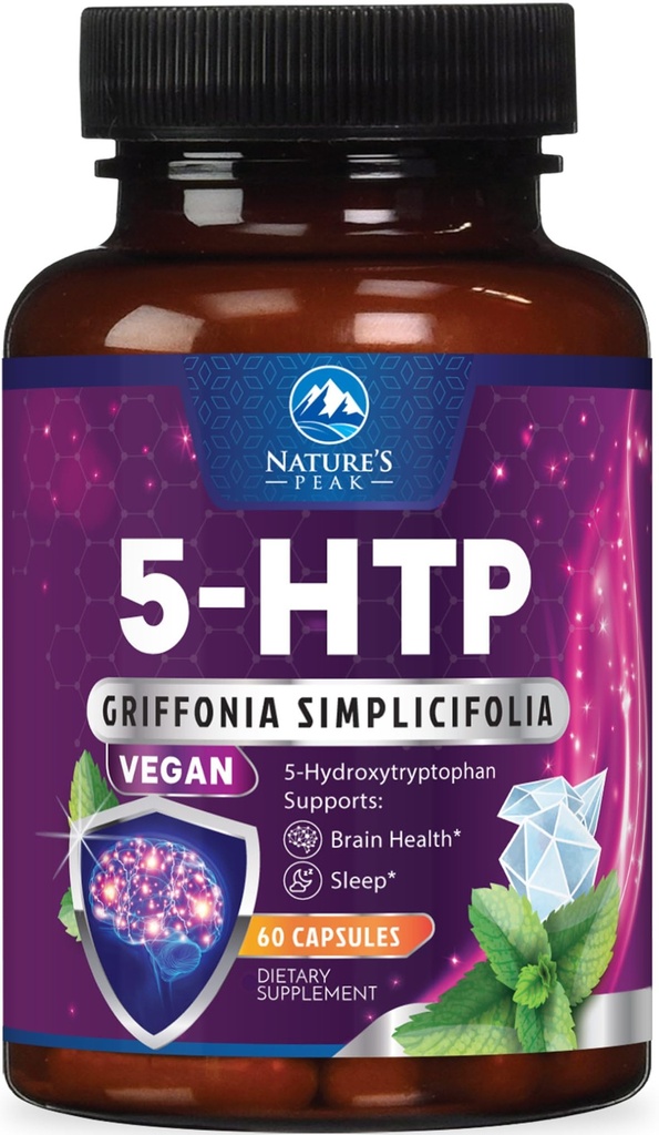 5-HTP Suplemento - 5-HTP 200mg Por Serving - Extra Strength 5HTP (5-Hydroxytryptophan) Griffonia Simplicifolia - Apoyo Descanso sueño, calma natural &amp; salud cerebral - Botellado en EE.UU. - 60 cápsulas