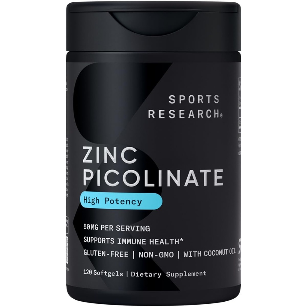 Sports Research High Potency Zinc Picolinate 50mg con aceite de coco orgánico TENIDO Altamente Absorbable Zinc Suplemento para la función de inzyme saludable - No GMO Tested &amp; Gluten-Free (120 Liquid Softgels)