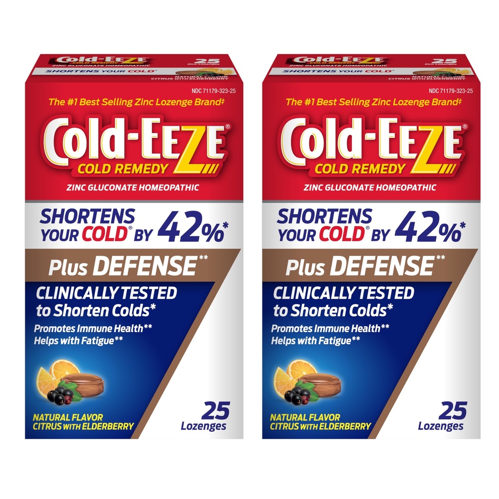 Cold-Eeze Plus Defense Natural Citrus with Elderberry Zinc Lozenges, Reduces Duration of The Common Cold, Sambucus Nigra, Echinacea and Rose Hips, 25 Ct, Pack of 2