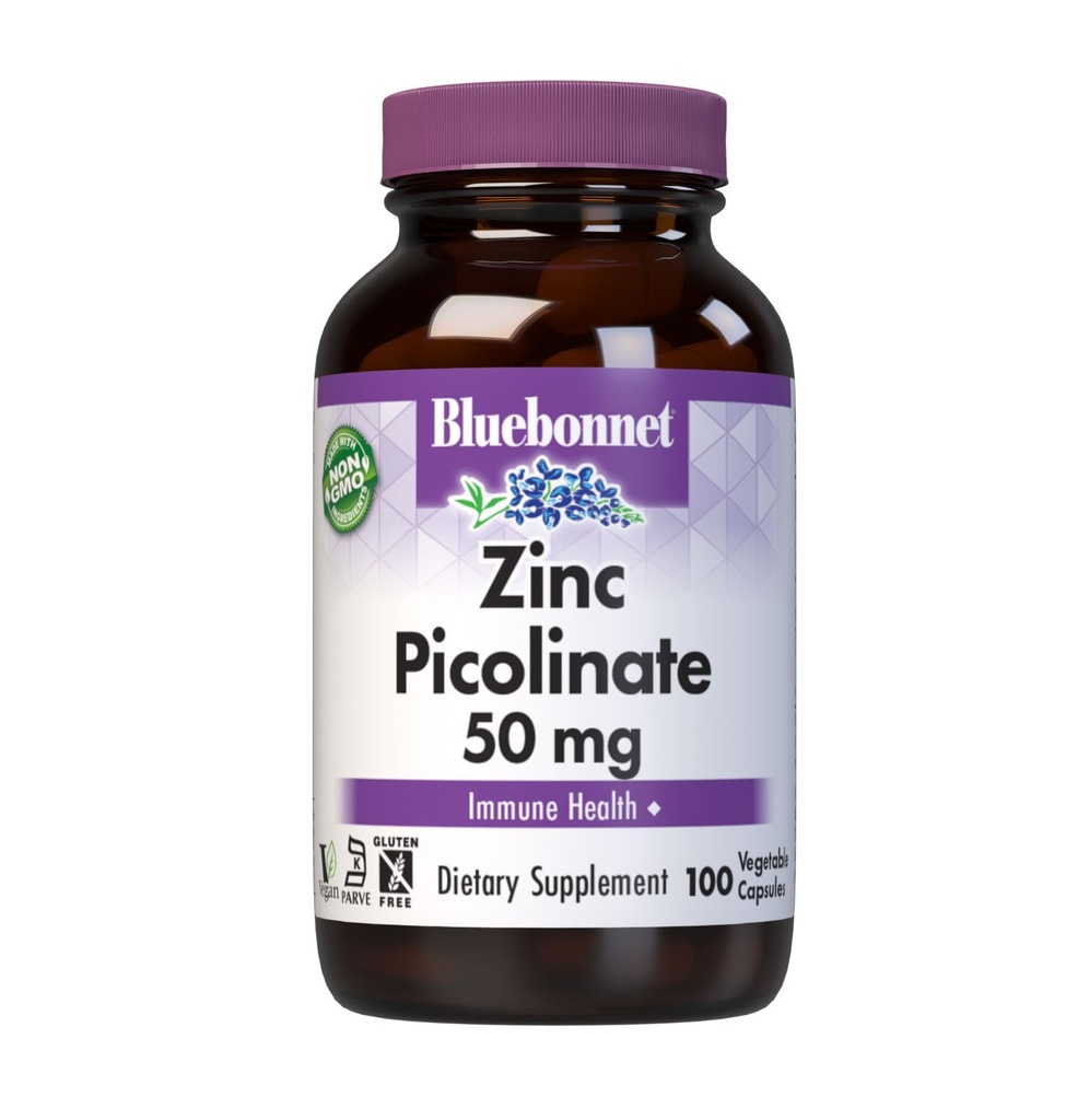 Bluebonnet Nutrition Zinc Picolinate 50 mg Cápsulas vegetales, Best for Hormonal &amp; Immune Health, Prostate Health, Skin, Vegan, Non GMO, Gluten Free, Soy Free, Milk Free, Kosher, 100 Cápsulas vegetales
