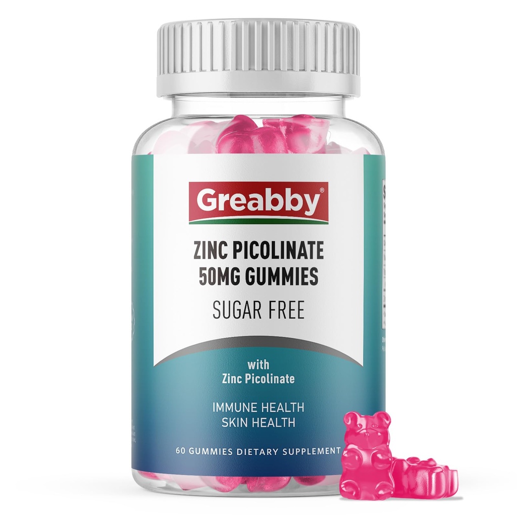 Zinc Gummies - Zinc Picolinate 50mg, Sugar Gratis, Altamente Absorbable Zinc Picolinate Suplemento para Adultos Niños, Apoyo Crecimiento, Función Inmunitaria, Salud de la piel, 60 Gummies