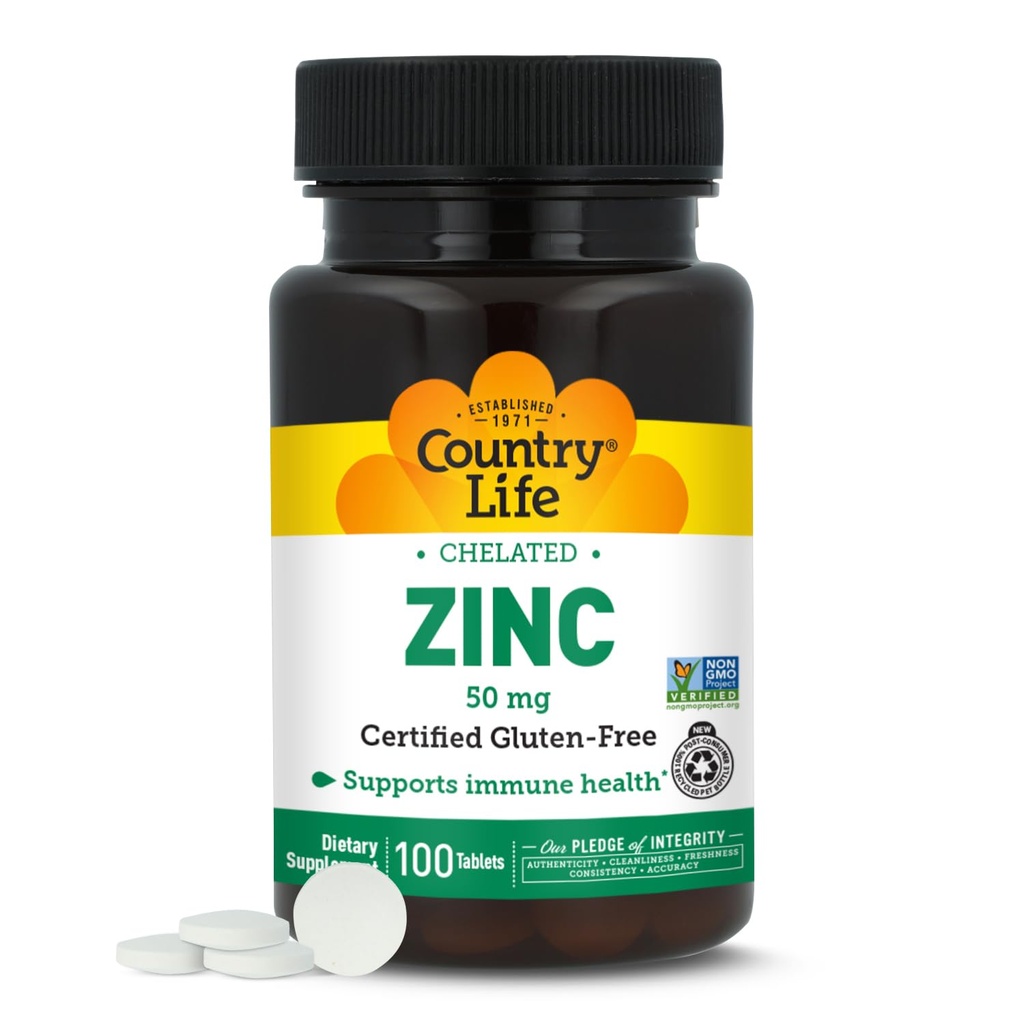 Country Life Chelated Zinc 50 mg - Certified Gluten-Free &amp; Vegan Immune Support Supplement, Enhances Zinc Absorption, Supports Body’s Protein Production & Cellular Health, 100 Vegetarian Tablets
