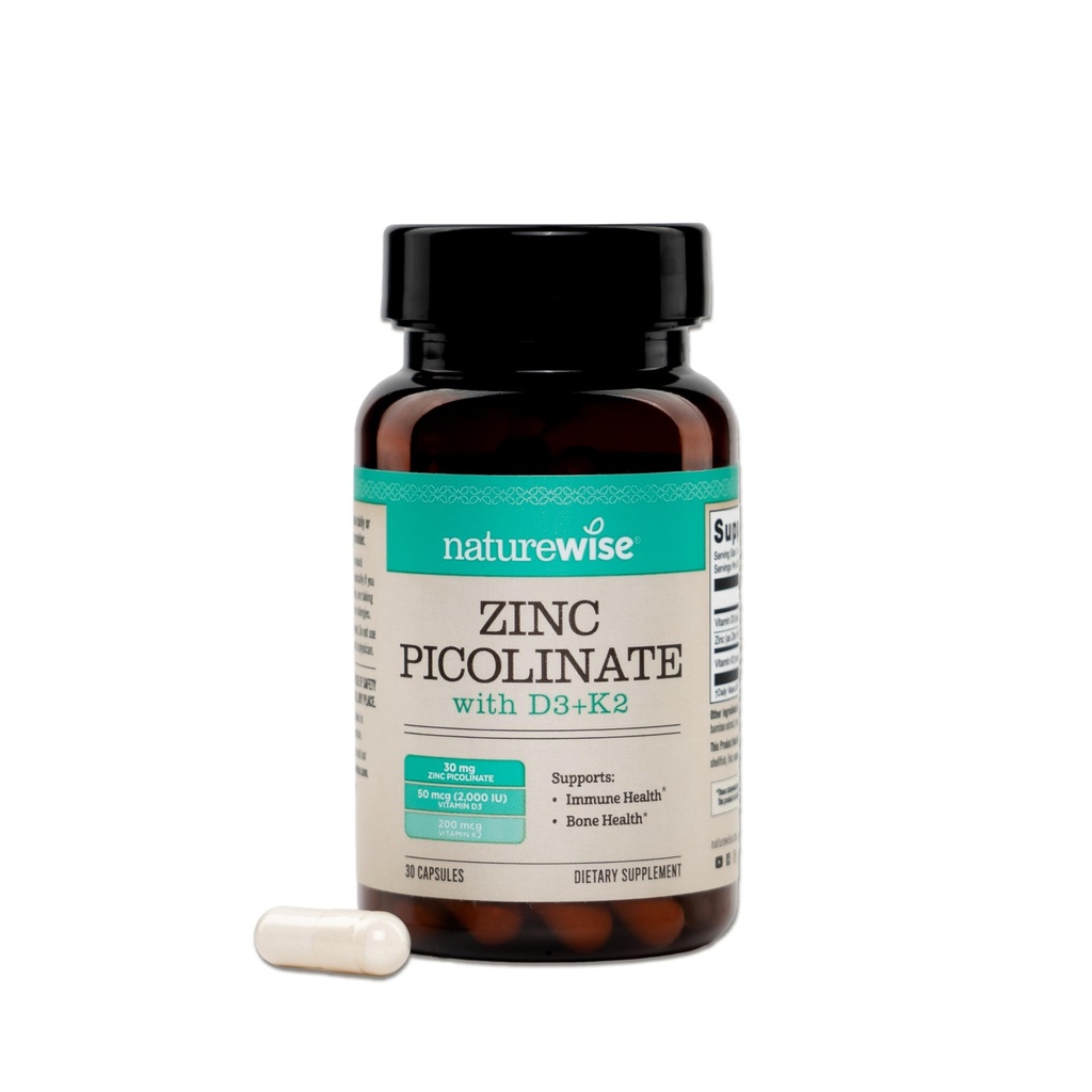 NatureWise Zinc Picolinate con D3 + K2 - Zinc Suplementos para Hombres &amp; Mujeres + Vitamina D3 K2 - Apoyo Immune &amp; Bone Health* - Non-GMO, Gluten Free, USA Fabricado - 30 cápsulas[30 Day Supply]