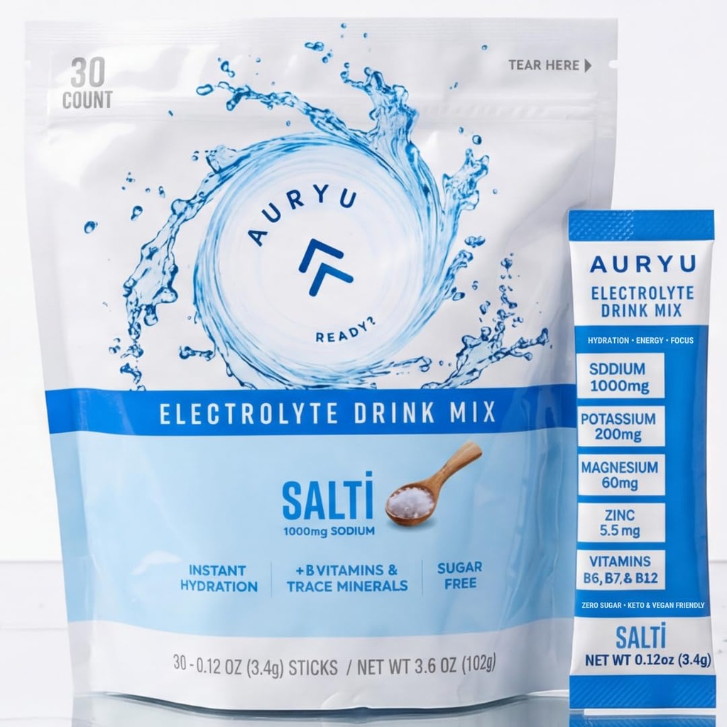 Salti Electrolyte Drink Mix Powder Unflavored, 30 Stick Packs, 1000mg Sodium, B Vitamins & Trace Minerals, Zero Sugar, Keto & Vegan Friendly Hydration, 7.4oz