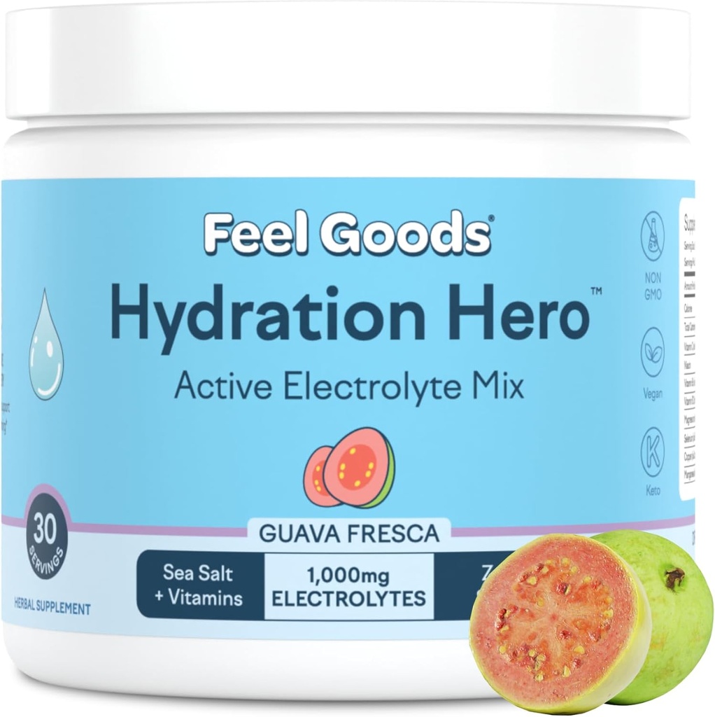 Siente los bienes Hidratación Hero, 1000 mg Electrolitos Polvo, Sugar Gratis, Magnesio, Aloe Ecológico Vera, Aloe Orgánico, L Theanine, Vitamina C & B12, Non GMO, Keto, Vegan viv Guava Fresca, 30 Servings