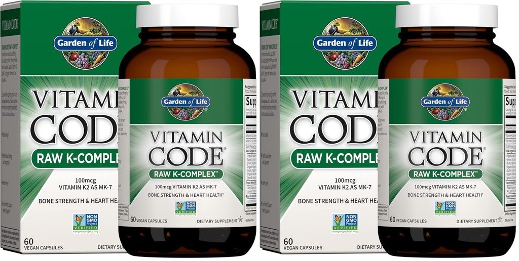 Garden of Life Vitamin K2 and K1, Vitamin Code Vegan K Complex for Bone Strength and Heart Health, Omega Rich Flax Seed Oil, Trace Minerals, Probiotics, 60 Day Supply, (Pack of 2)