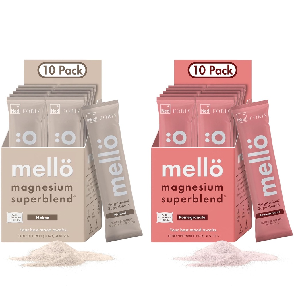 mellö Magnesium Superblend Bundle - Pomegranate & Unflavored - Magnesium Glycinate with L-Theanine, GABA &amp; Trace Minerals - Supports Sleep, Relaxation, and Balanced Energy - 2 x 10-Packs