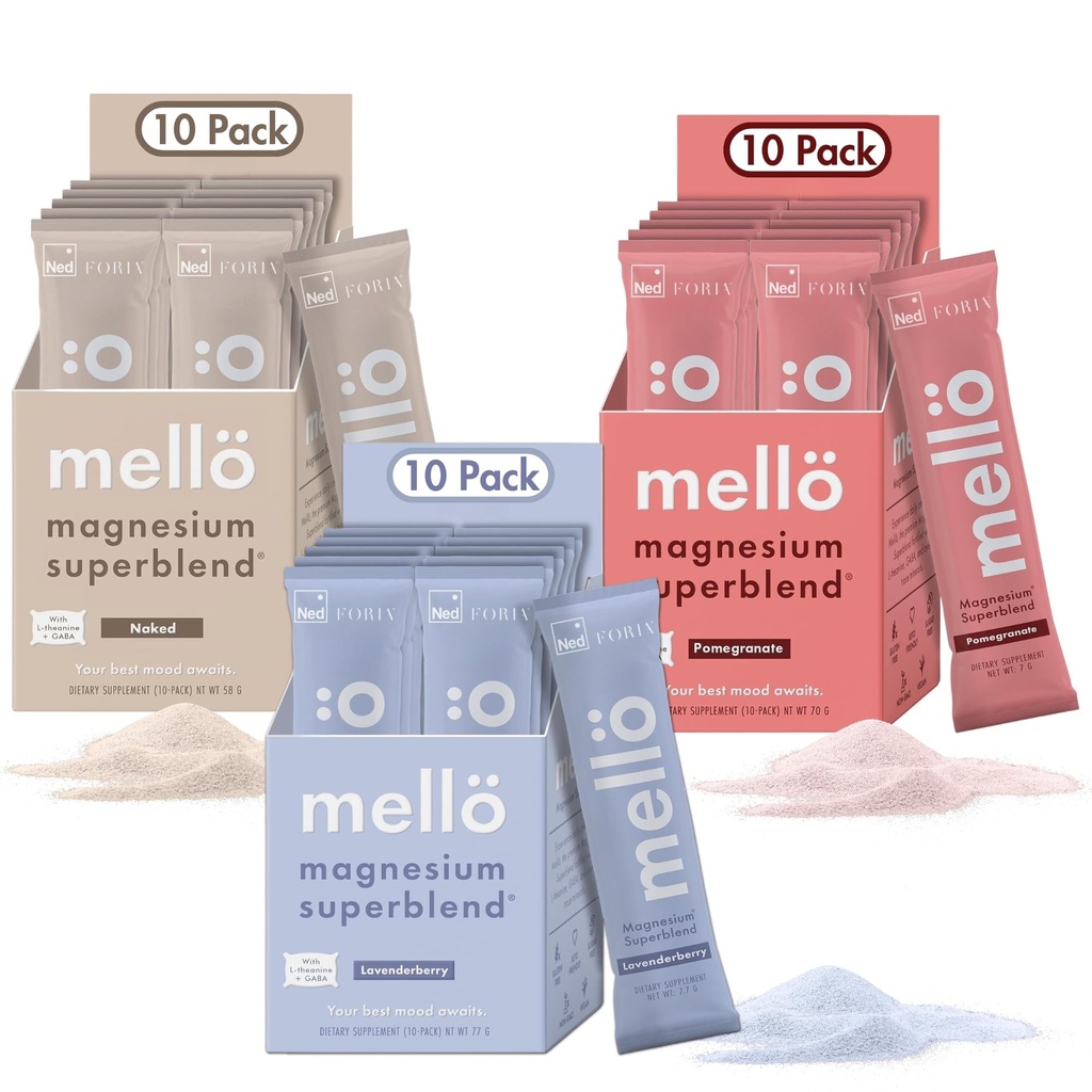 mellö Magnesium Superblend Bundle - Lavenderberry, Pomegranate ' Unflavored- Magnesium Glycinate with L-Theanine, GABA & Trace Minerals- Supports Sleep, Relaxation, and Balanced Energy- 3 x 10-Packs