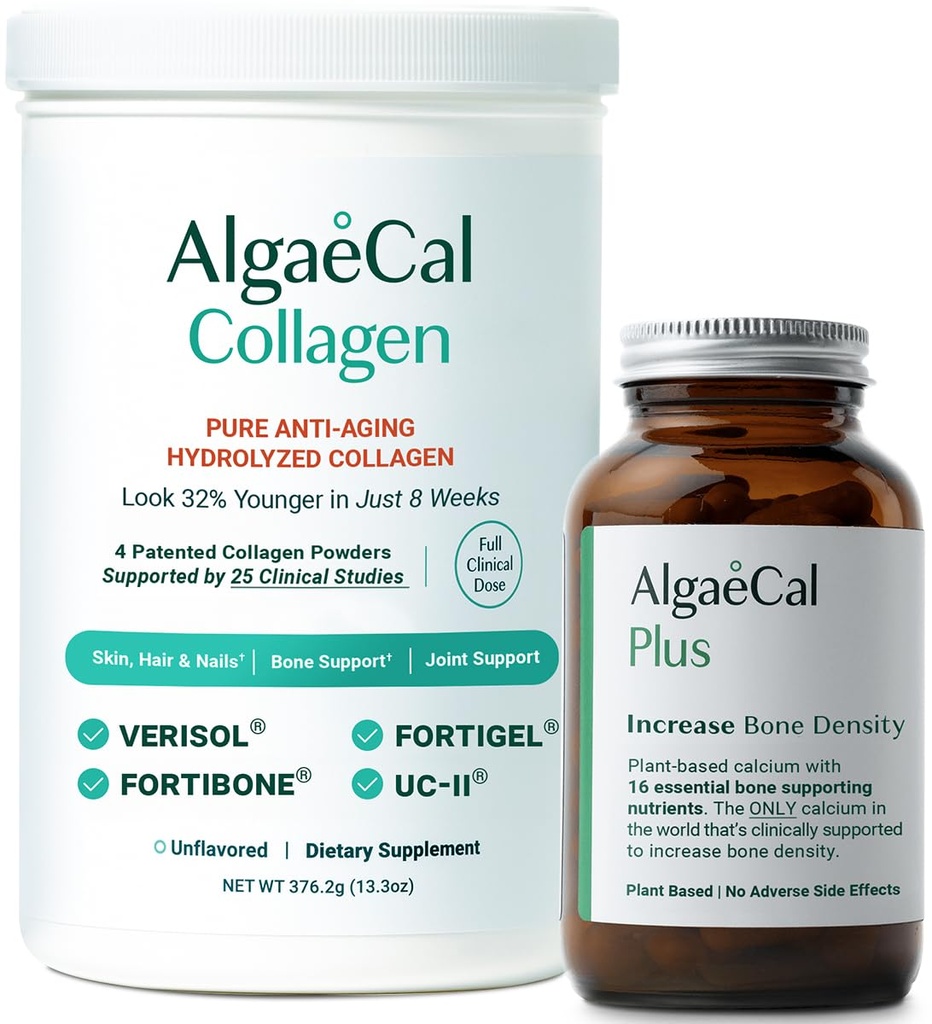 ALGAECAL Calcium &amp; Collagen Bundle – Collagen hidrolizado Completo con Verisol clínico, Fortibone & Fortigel, Plus Vitamina D3, K2, Magnesium & Trace Minerals for Bone Health & Anti-Aging