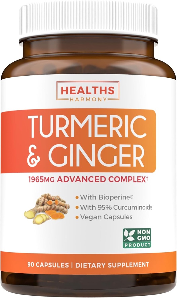 Suplemento Turmeric y Ginger (No-GMO) 1980mg Servir - Curcumina Turmérica con Bioperina de Pepper Negro, Extracto de jengibre, y 95% Curcuminoides Polvo - Tumérico Soporte Conjunto Suplemento - 90 cápsulas