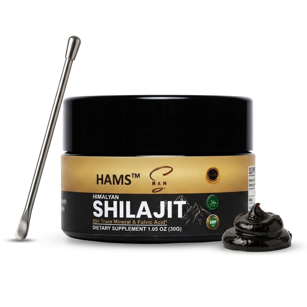 HAMS Pure Himalayan Shilajit Resin, Authentic Mumijo with 84+ Trace Minerals, High Potency with Elemental Gold and Fulvic Acid, Lab Tested, Vegan, 30g