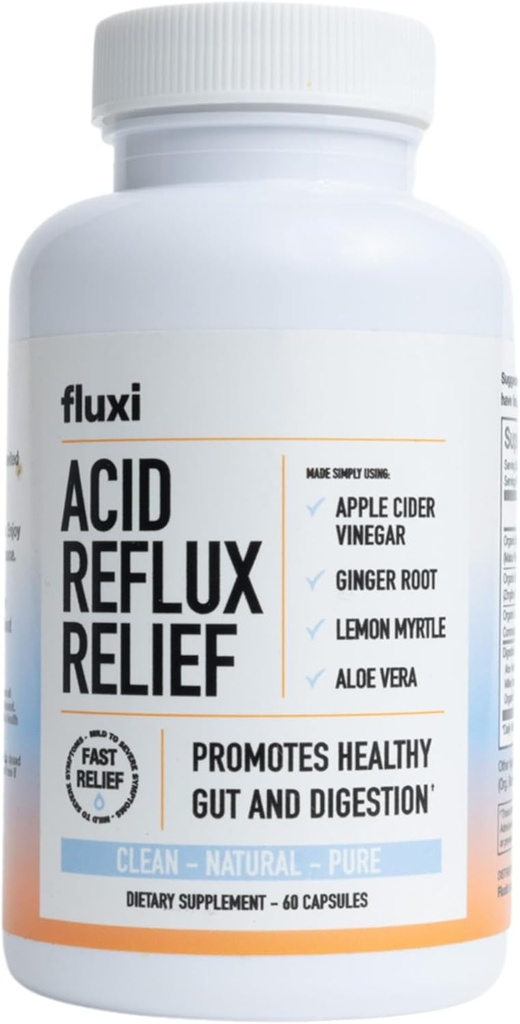 Fluxi Acid Reflux Relief Capsules - con Apple Sider Vinegar Ginger Root & Lemon Myrtle - Soportes Gas, Bloating y Digestión - 60 Cuenta
