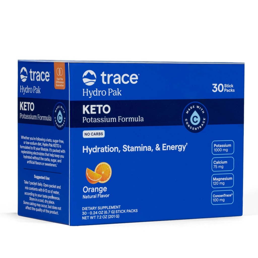 Trace Minerals Hydro Pak Keto - Electrolyte Replenishment Drink Mix – 1000 mg Potassium Plus 70 Supports Energy, Stamina, & Hydration – Orange Flavor – 30 Servings