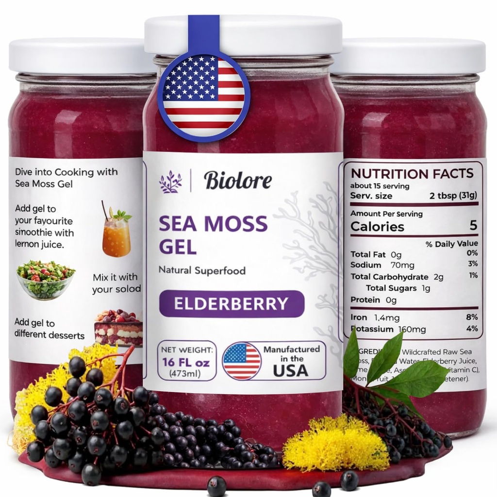 Biolore Wildcrafted Sea Moss Gel - Elderberry 16 oz - Flavored Sea Moss Gel with Essential Vitamins & Trace Minerals - Vegan Superfood - Made in USA, Gluten-Free, No Added Sugar