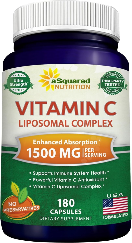 ASquared Nutrition Vitamin C Liposomal Complex - 1500mg Suplemento - 180 Capsules - Alta Absorción VIT C Ascorbic Acid Pills - Supports Immune System & Collagen Health - 90 Servings