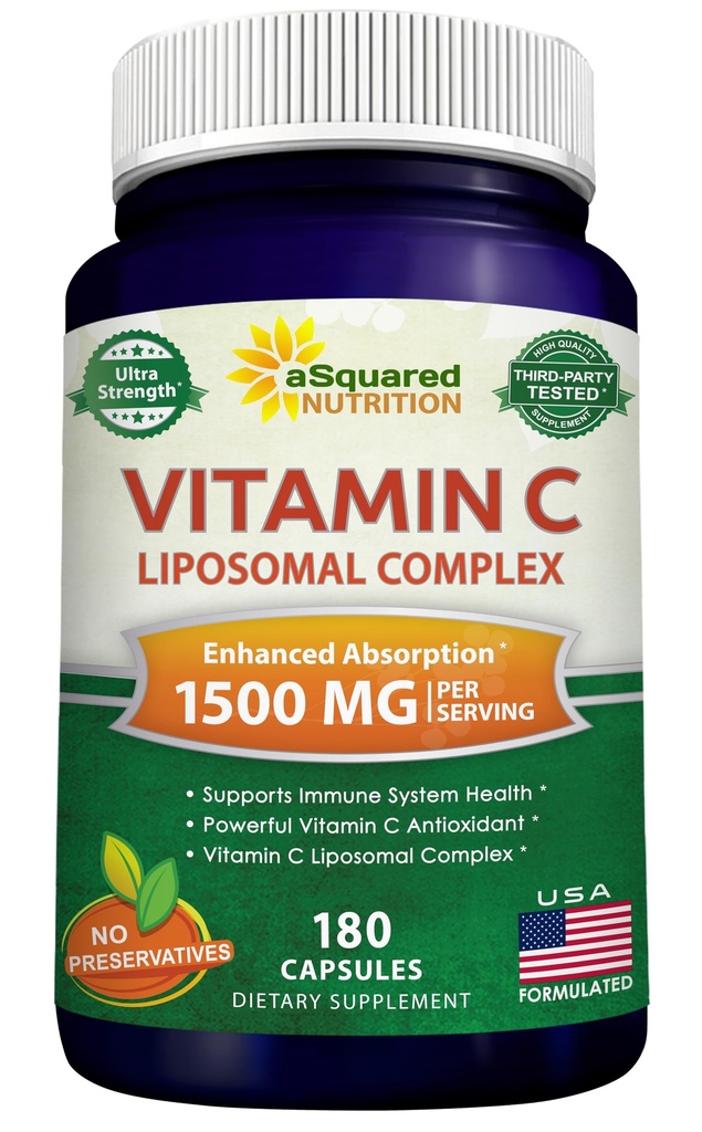 aSquared Nutrition Vitamin C Liposomal Complex - 1500mg Supplement - 180 Capsules - High Absorption VIT C Ascorbic Acid Pills - Supports Immune System & Collagen Health - 90 Servings