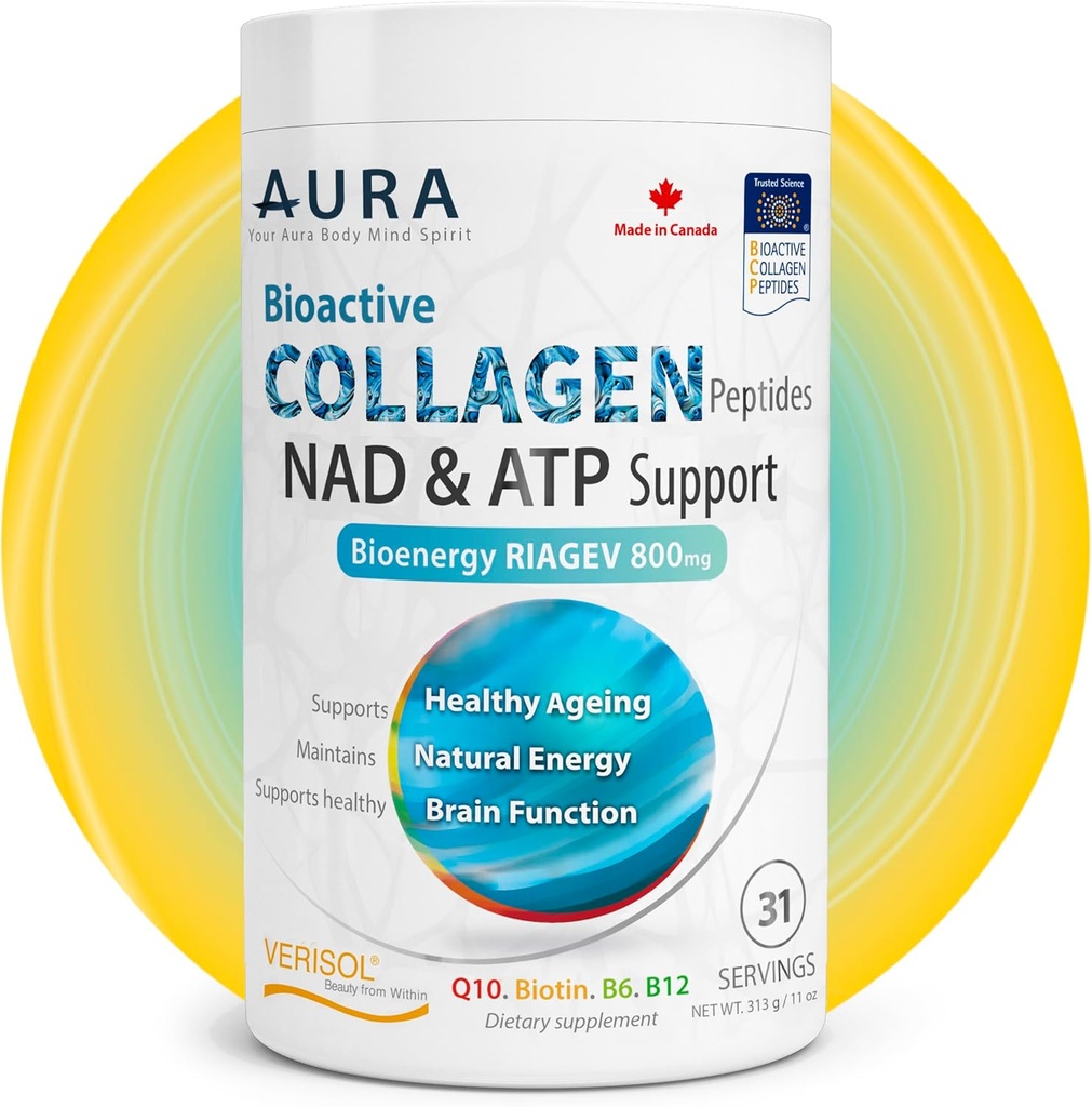 AURA VERISOL® Bioactive Collagen Peptides® Powder with Patented NAD+ & ATP Boosters, Advanced Cellular Rejuvenation System, Healthy Aging & DNA Repair, Unflavored, Made in Canada, 31 Servings.