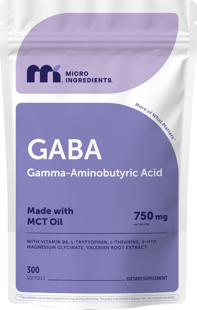 Micro Ingredients GABA 750 mg with MCT Oil, 300 Softgels | Gamma Aminobutyric Acid with Vitamin B6, 5-HTP, L-Theanine, L-Tryptophan & Magnesium Glycinate | Non-GMO, cGMP Manufactured