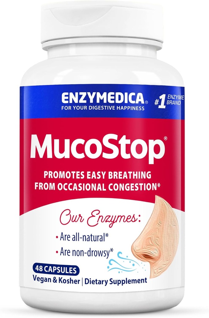 Enzymedica, MucoStop, Suplemento Natural Enzyme, Alivia la Congestión Estacional o Ocasional, apoya la respiración fácil, 48 Cuenta