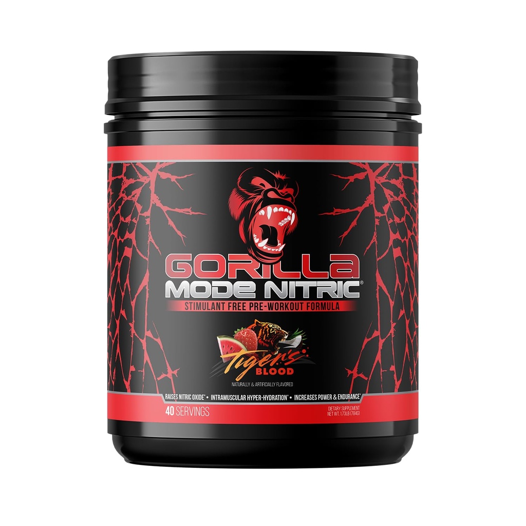 Modo gorila Nitric Upgraded Stimulant Free Pre-Workout – Mejor Tasting y Más Efectivo Estimulante Bombas Pre-Workout / Masiva · Vasodilation · Power / 784 Grams (Tigers Blood)