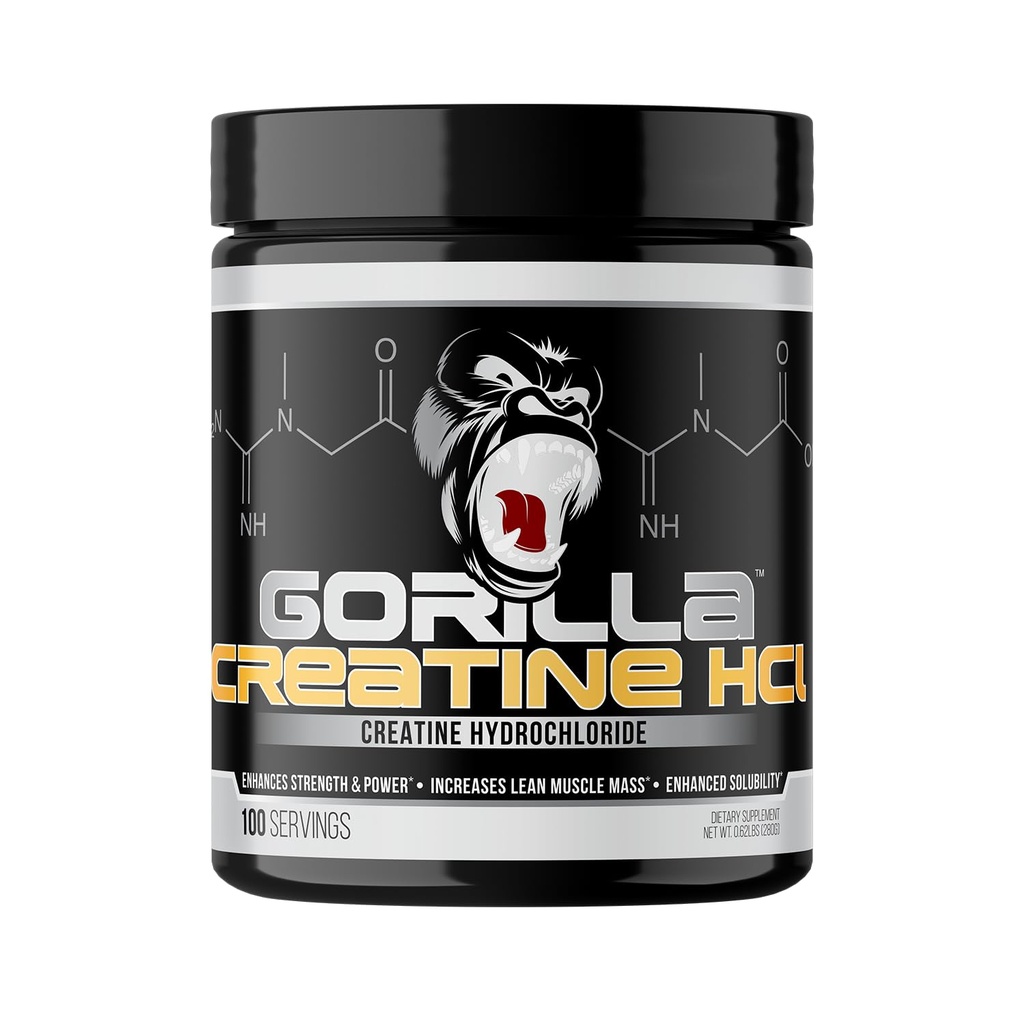Gorilla Mind CON-CR"T® Creatine HCl W/Pepsin, Unflavored TEN GI-Friendly Alternative ← Muscle Size, Power Output, Strength, Brain Health & Performance ← Conveniente 2.5 Grams per Serving, 100 Servings