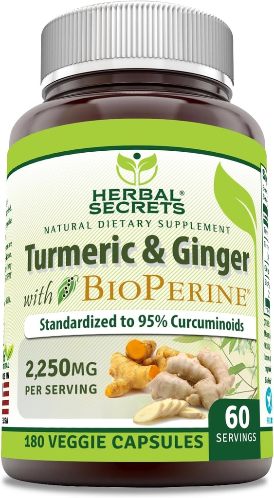 Herbal Secrets Turmeric Curcumin &amp; Ginger with BioPerine Supplement TEN 2,250 Mg Por Serving Silencio 180 Capsules ← Non-GMO TEN Gluten Free TEN Made in USA