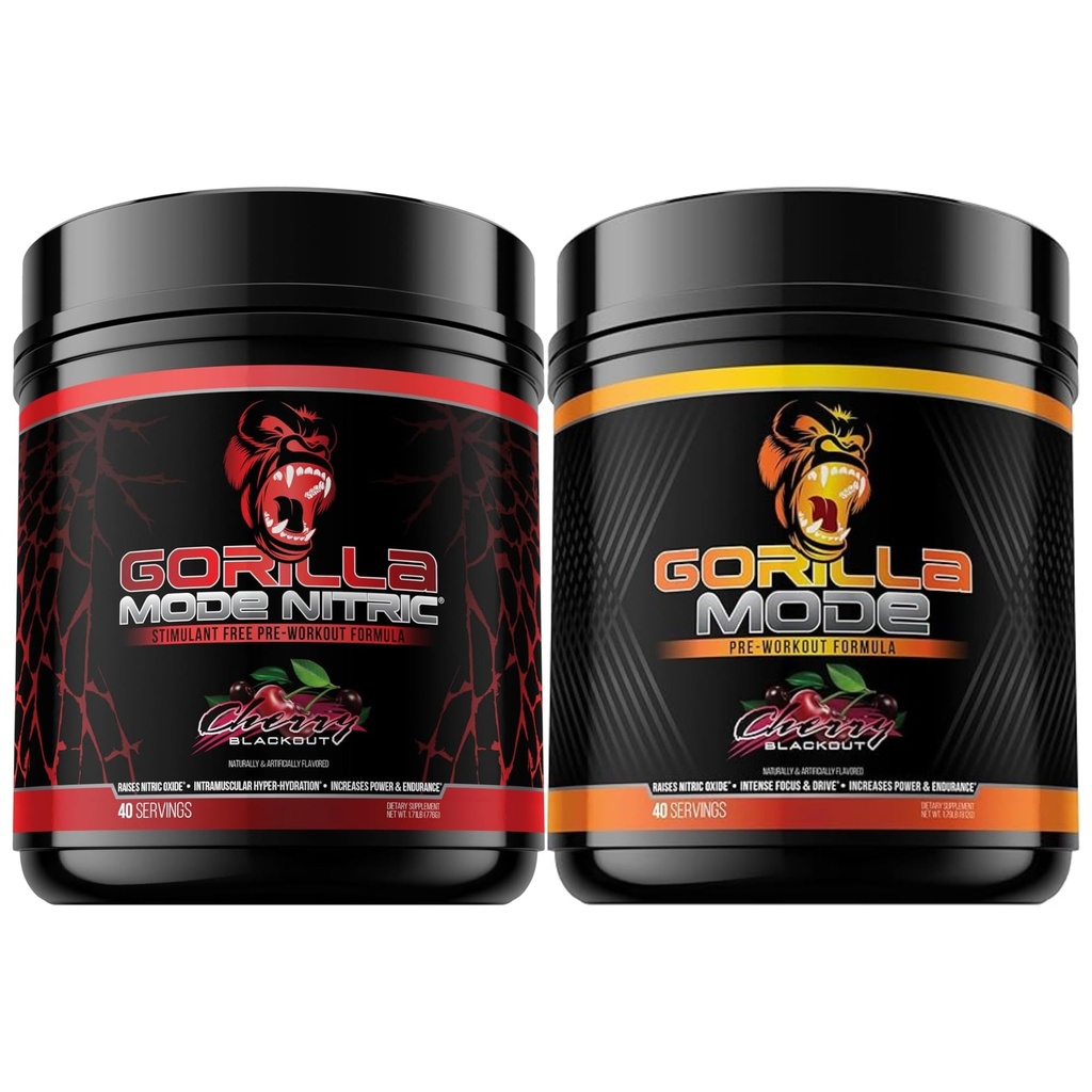 Gorilla Mode Pre Workout & Gorilla Mode Nitric Upgraded Stimulant - Best Tasting & Most Effective Stimulant Free Pre-Workout | Massive Pump | Laser Focus Energy Power (Cherry Blackout)