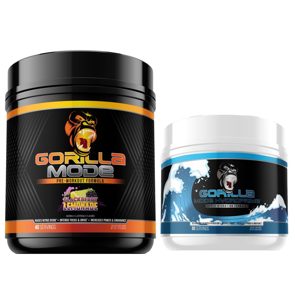 Modo gorila Pre Workout (BlackBerry Lemonade) + HidroPrime Glycerol Pre Workout - Estadio completo para hiper-hidración, bomba, poder, resistencia y termoregulación