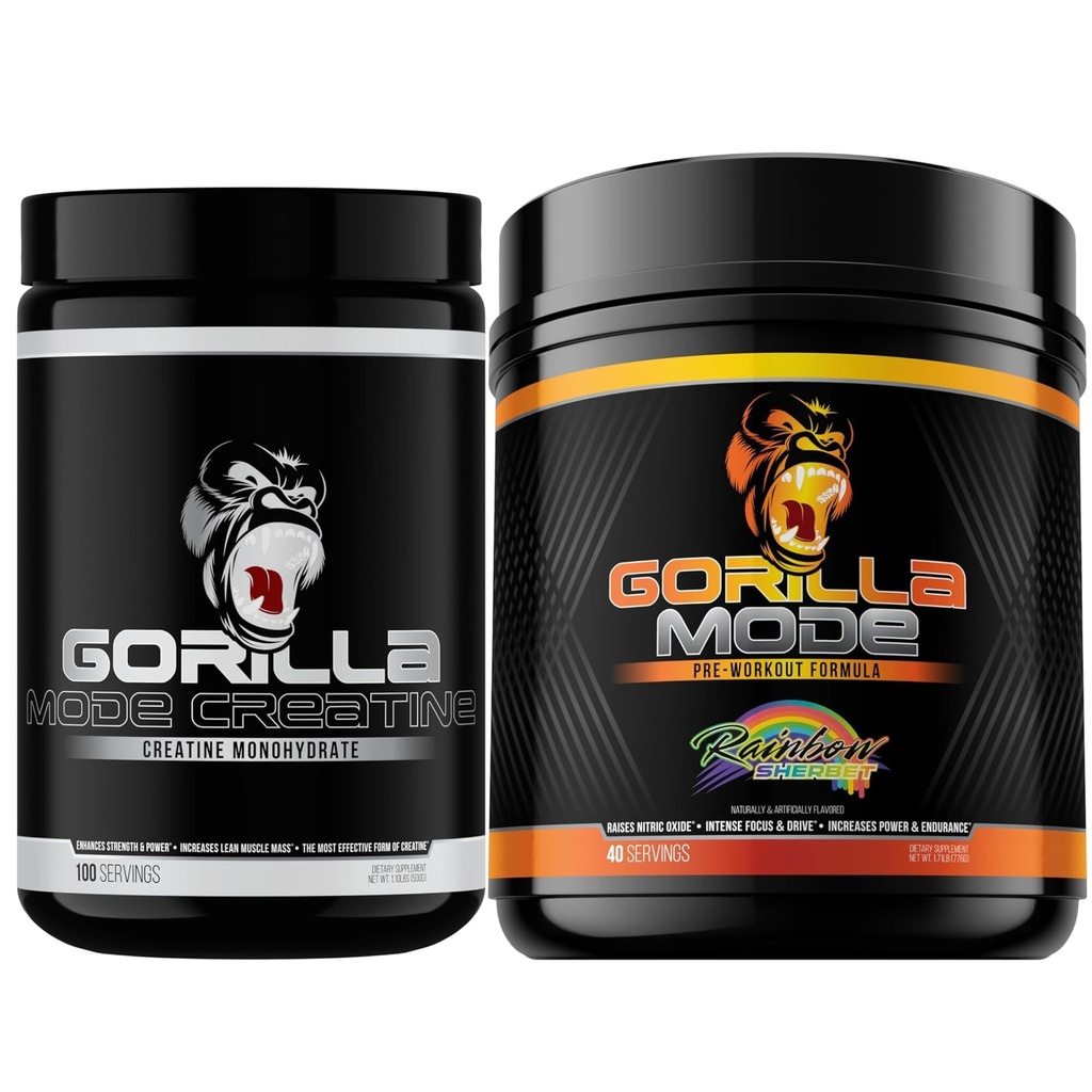 Gorilla Mode Creatine Monohydrate Micronized Powder & Pre Workout (Rainbow Sherbert)- Massive Pumps | Laser Focus Energy | Improved Muscle Size | Power Output and Strength