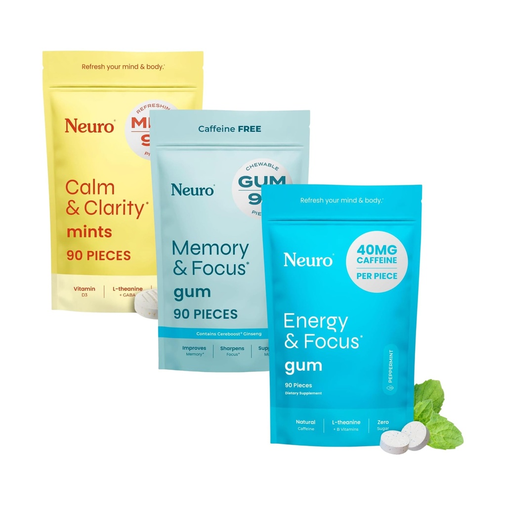 Neuro Focus & Calm Cognitive Bundle – Energy & Focus Nootropic Gum (90), Calm & Clarity Stress Support Mints (90) & Memory & Focus Nootropic Gum (90)