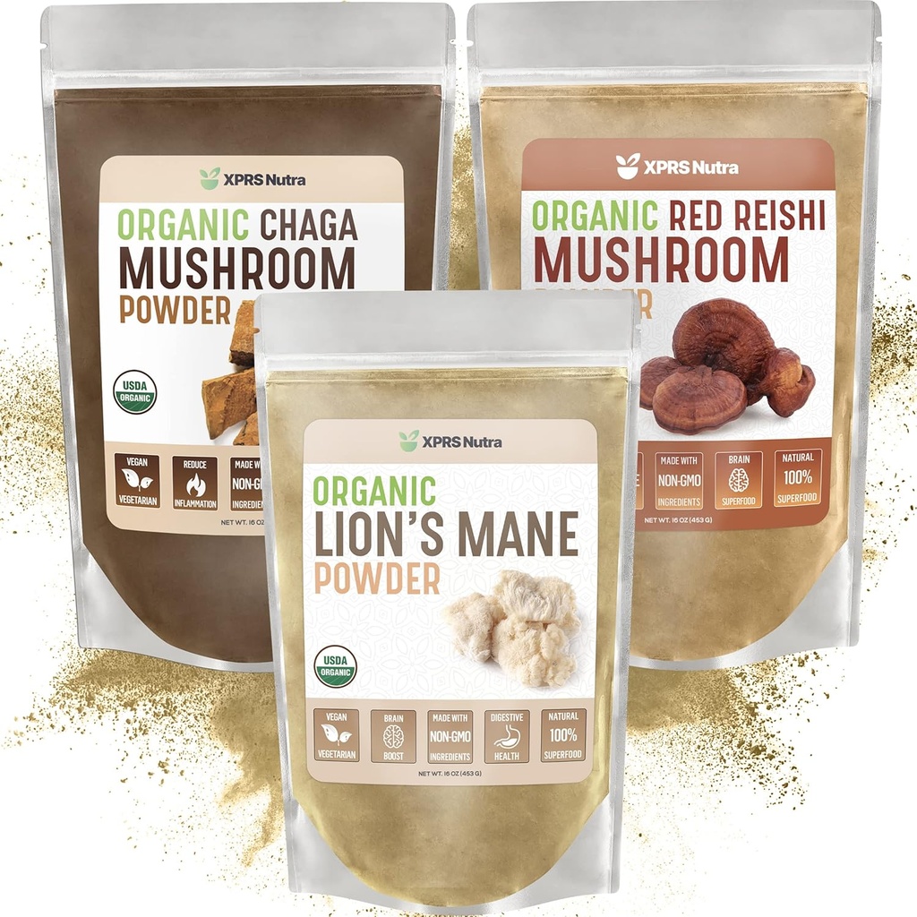 XPRS Nutra Mushroom Bundle - Lion's Mane, Chaga, Red Reishi Mushrooms - All Organic Mushroom Bundle (16 onzas cada uno)